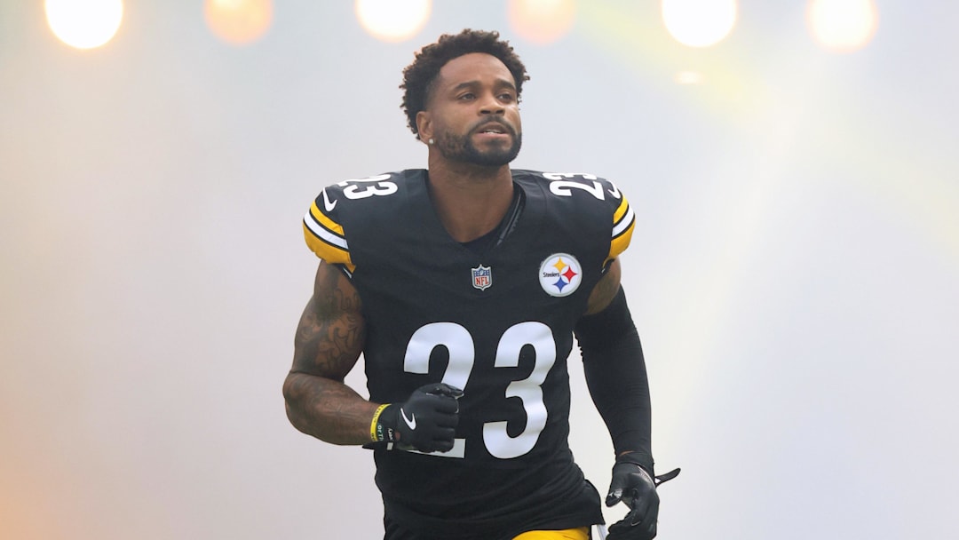 Nov 2, 2025; Pittsburgh, Pennsylvania, USA;  Pittsburgh Steelers cornerback Darius Slay (23) reacts as he takes the field against the Indianapolis Colts at Acrisure Stadium. Mandatory Credit: Charles LeClaire-Imagn Images