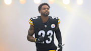 Nov 2, 2025; Pittsburgh, Pennsylvania, USA;  Pittsburgh Steelers cornerback Darius Slay (23) reacts as he takes the field against the Indianapolis Colts at Acrisure Stadium. Mandatory Credit: Charles LeClaire-Imagn Images