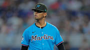 Miami Marlins starting pitcher Edward Cabrera (27) looks on against the New York Yankees during the first inning at loanDepot Park.
