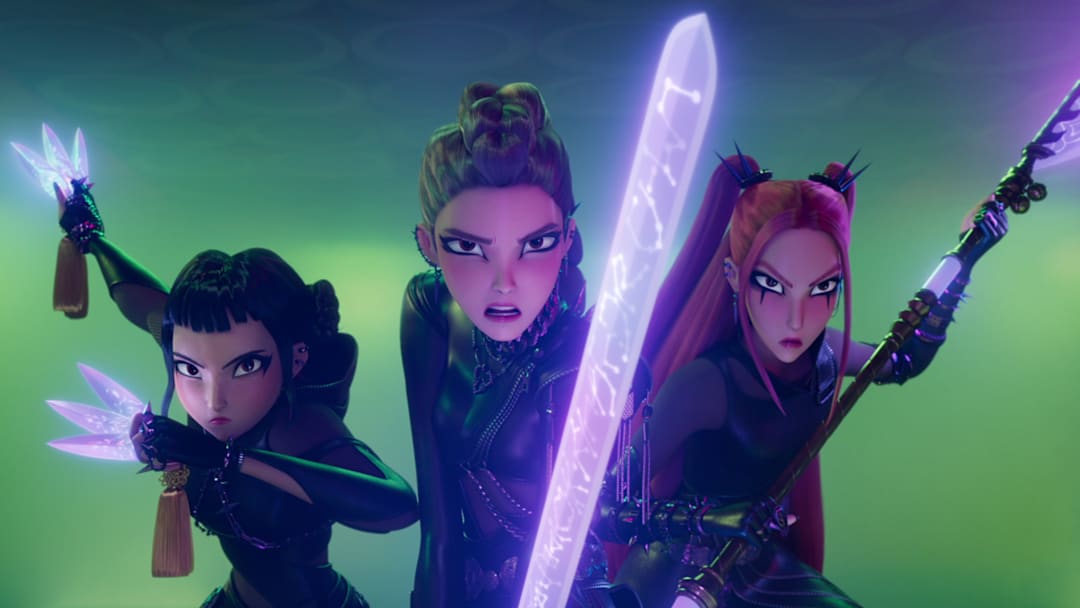(L-R) Zoey (voice by JI-YOUNG YOO), Rumi (voice by ARDEN CHO) and Mira (voice by MAY HONG) in KPop Demon Hunters