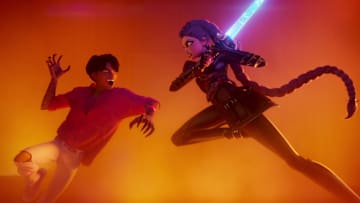 (L-R) Jinu (voice by AHN HYO-SEOP) and Rumi (voice by ARDEN CHO) in KPop Demon Hunters