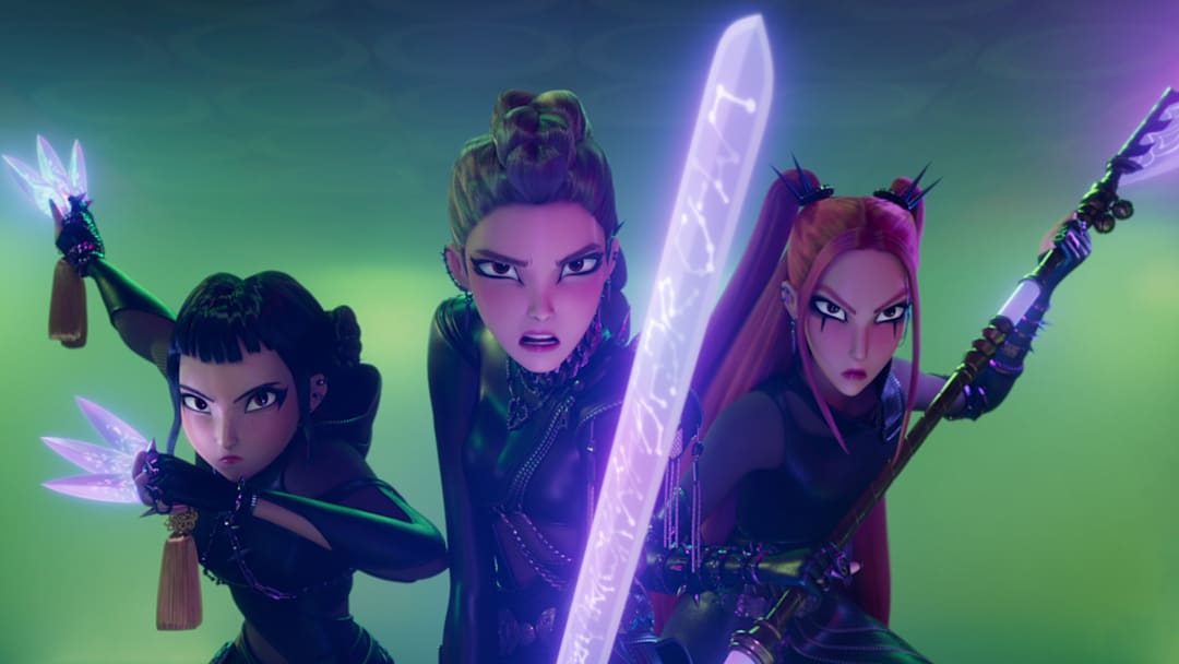 (L-R) Zoey (voice by JI-YOUNG YOO), Rumi (voice by ARDEN CHO) and Mira (voice by MAY HONG) in KPop Demon Hunters