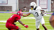 Bosco's wide receiver Daniel Odom (#3) is forced out of bounds by Manatee's defensive back Zyaire Green (#10). The Manatee Hurricanes hosted St. John Bosco (California) with a 31-0 lead over Manatee at halftime. After a long lightning delay the rest of the game was canceled at Joe Kinnan Field at Hawkins Stadium on Friday August 22, 2025, in Bradenton, Florida.