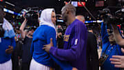 January 14, 2016; Oakland, CA, USA; Golden State Warriors guard Stephen Curry (30, left) shakes hands with Los Angeles Lakers forward Kobe Bryant (24, right) after the game at Oracle Arena. The Warriors defeated the Lakers 116-98. Mandatory Credit: Kyle Terada-Imagn Images
