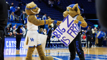 Jan 20, 2024; Lexington, Kentucky, USA; Kentucky mascots Wildcat and Scratch celebrate holding    Big Z is free    signs after the game against the Georgia Bulldogs at Rupp Arena at Central Bank Center. Mandatory Credit: Jordan Prather-USA TODAY Sports