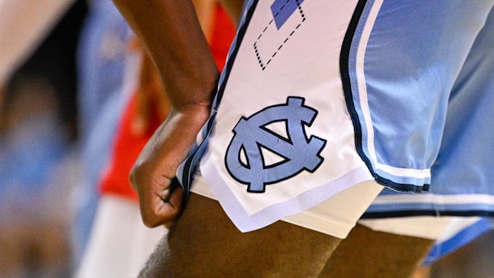 Jan 3, 2026; Dallas, Texas, USA; A view of the North Carolina Tar Heels logo on the shorts of forward Caleb Wilson (8) during the second half against the SMU Mustangs at Moody Coliseum. Mandatory Credit: Jerome Miron-Imagn Images