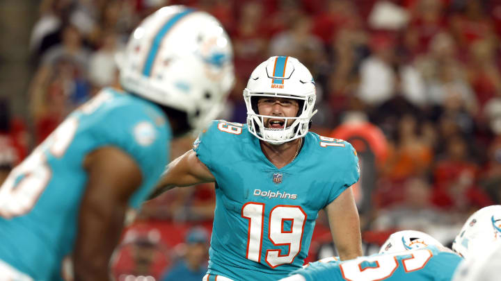 Aug 13, 2022; Tampa, Florida, USA; Miami Dolphins quarterback Skylar Thompson (19) audibles against the Tampa Bay Buccaneers during the second half at Raymond James Stadium.