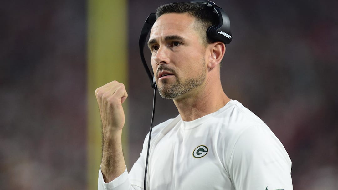 Oct 28, 2021; Glendale, Arizona, USA; Green Bay Packers head coach Matt LaFleur reacts against the Arizona Cardinals during the first half at State Farm Stadium.