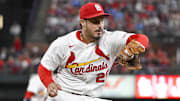 May 6, 2025; St. Louis, Missouri, USA; St. Louis Cardinals third baseman Nolan Arenado (28) fields a ground ball against the Pittsburgh Pirates during the sixth inning at Busch Stadium. Mandatory Credit: Jeff Curry-Imagn Images