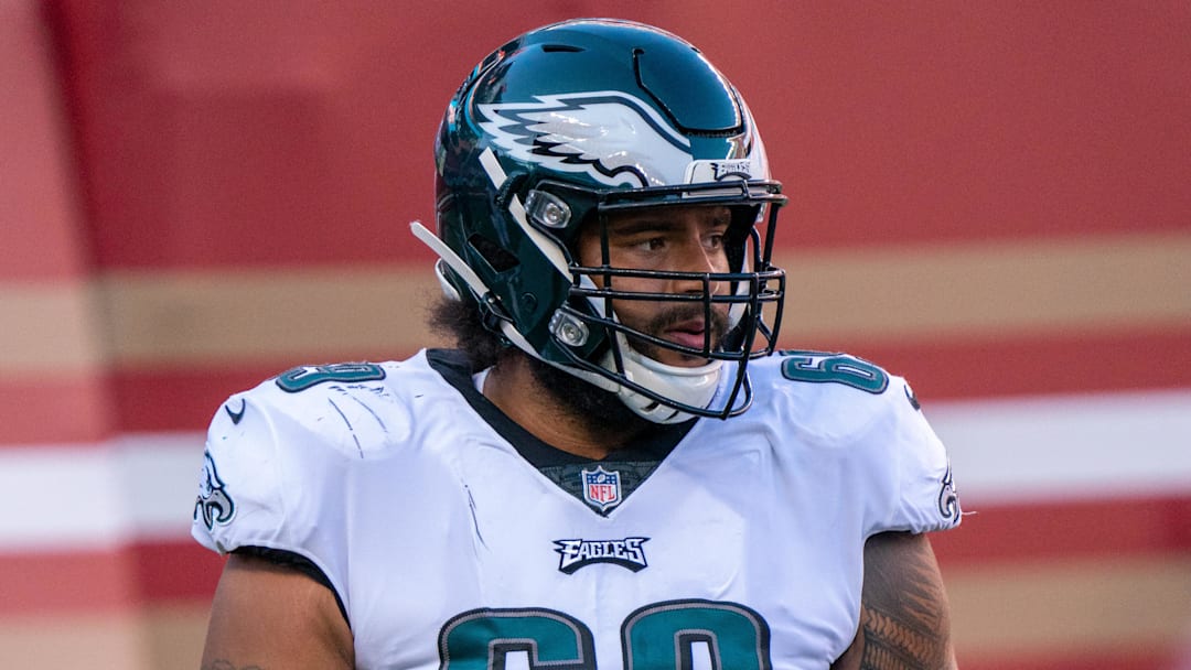 October 4, 2020; Santa Clara, California, USA; Philadelphia Eagles offensive guard Matt Pryor (69) before the game against the San Francisco 49ers at Levi's Stadium. Mandatory Credit: Kyle Terada-Imagn Images