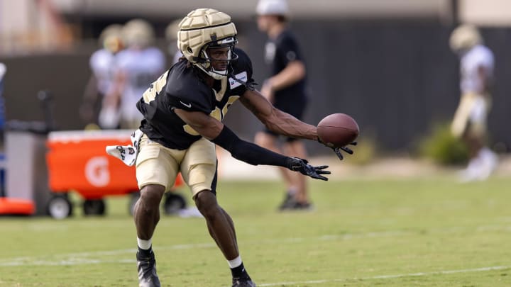 Aug 1, 2023; New Orleans Saints wide receiver Shaq Davis (88) catches passes during  training camp