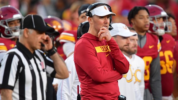 Southern California Trojans head coach Lincoln Riley watches game action against the Nebraska Cornhuskers