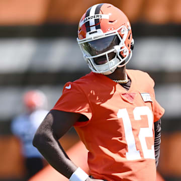 May 9, 2025; Berea, OH, USA; Cleveland Browns quarterback Shedeur Sanders (12) during rookie minicamp at CrossCountry Mortgage Campus. Mandatory Credit: Ken Blaze-Imagn Images