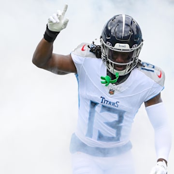 Sep 15, 2024; Nashville, Tennessee, USA; Tennessee Titans cornerback Chidobe Awuzie (13) takes the field during the first half against the New York Jets during the first halfat Nissan Stadium. Mandatory Credit: Steve Roberts-Imagn Images