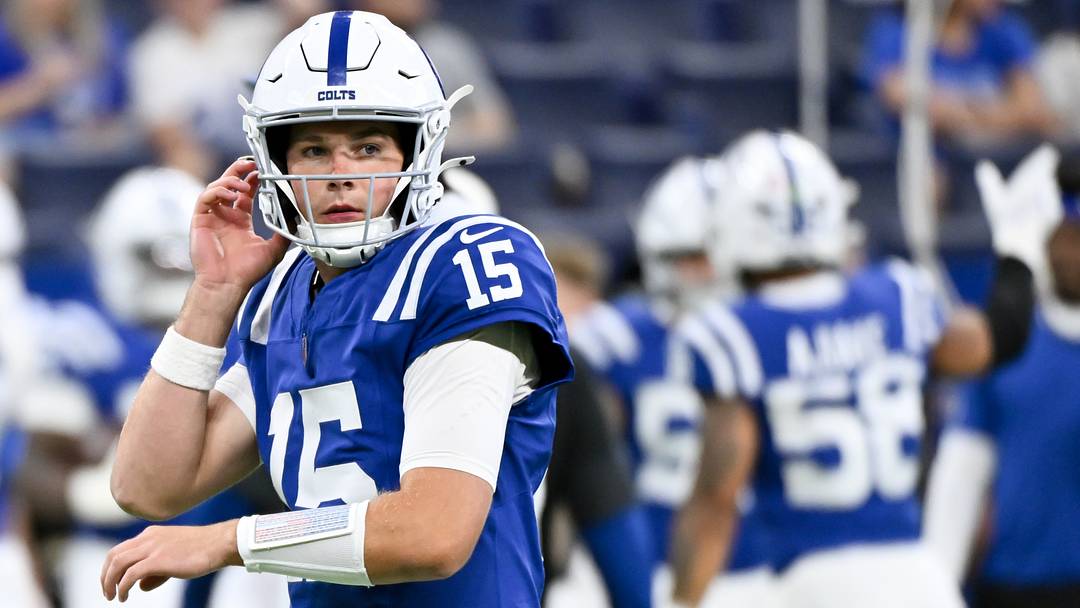 Aug 22, 2026; Indianapolis, Indiana, USA; Indianapolis Colts quarterback Riley Leonard (15) warms up prior to the game against the Atlanta Falcons at Lucas Oil Stadium. Mandatory Credit: Robert Goddin-Imagn Images