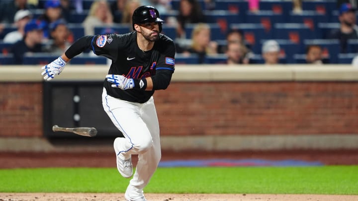 Jun 14, 2024; New York City, New York, USA; New York Mets designated hitter JD Martinez (28) runs out an RBI double against the San Diego Padres during the third inning at Citi Field. Mandatory Credit: Gregory Fisher-USA TODAY Sports