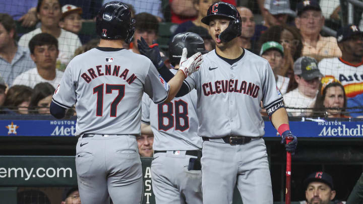 May 1, 2024; Houston, Texas, USA;  Cleveland Guardians designated hitter Will Brennan (17) celebrates with center fielder Tyler Freeman (2) after hitting a home run during the fifth inning against the Houston Astros at Minute Maid Park. Mandatory Credit: Troy Taormina-USA TODAY Sports