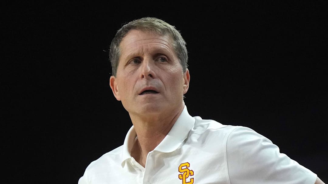 Feb 11, 2025; Los Angeles, California, USA; Southern California Trojans head coach Eric Musselman reacts during the game against the Penn State Nittany Lions at Galen Center. Mandatory Credit: Kirby Lee-Imagn Images