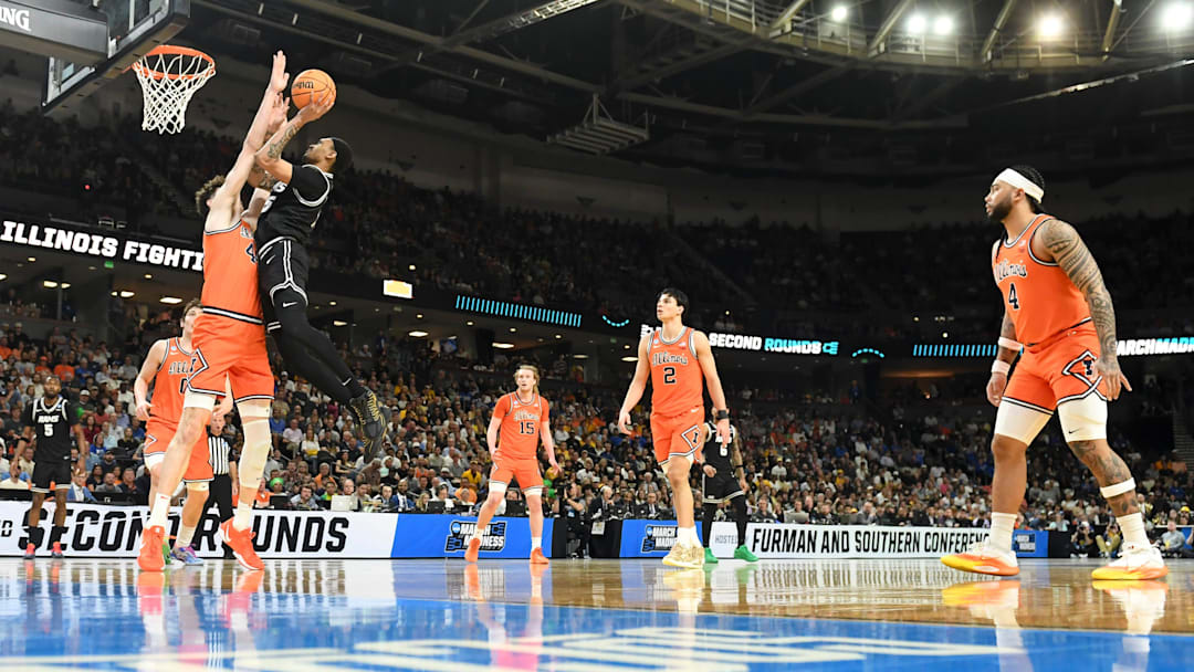 Illinois Fighting Illini center Zvonimir Ivisic (44) defends the shot of VCU Rams guard Tyrell Ward (15) Saturday, March 21, 2026, during the NCAA Men’s Basketball Tournament second round game at Bon Secours Wellness Arena in Greenville, South Carolina.