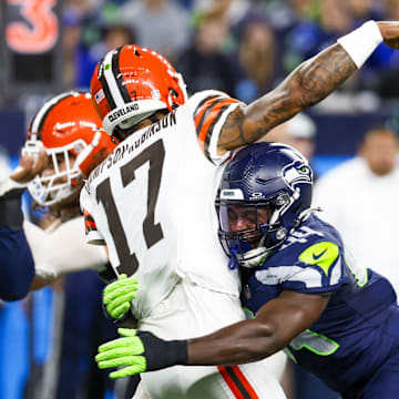 Aug 24, 2024; Seattle, Washington, USA; Seattle Seahawks linebacker Jamie Sheriff (44) pressures Cleveland Browns quarterback Dorian Thompson-Robinson (17) during the second quarter at Lumen Field.