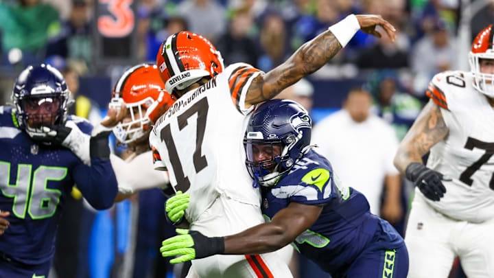 Aug 24, 2024; Seattle, Washington, USA; Seattle Seahawks linebacker Jamie Sheriff (44) pressures Cleveland Browns quarterback Dorian Thompson-Robinson (17) during the second quarter at Lumen Field.