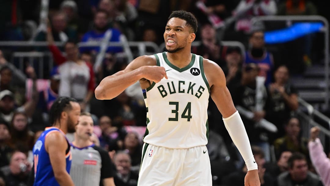 Milwaukee Bucks forward Giannis Antetokounmpo reacts after scoring a basket in the 3rd quarter against the New York Knicks at Fiserv Forum on October 28.