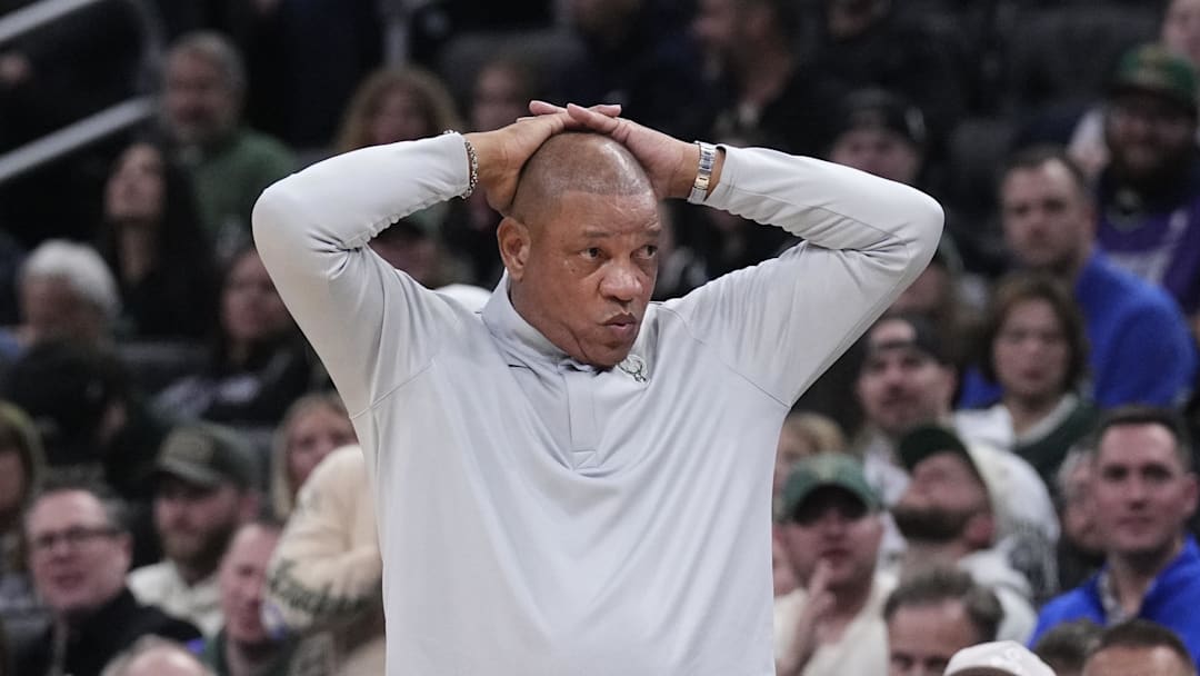 Oct 22, 2025; Milwaukee, Wisconsin, USA; Milwaukee Bucks head coach Doc Rivers questions a foul call in the second half against the Washington Wizards at Fiserv Forum. Mandatory Credit: Michael McLoone-Imagn Images
