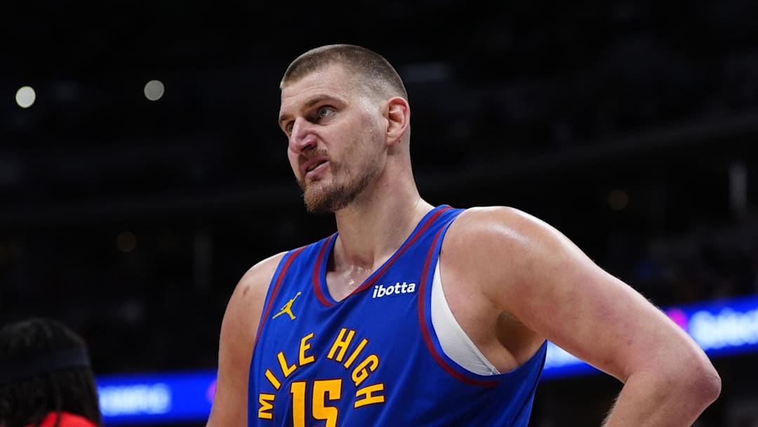 Mar 22, 2026; Denver, Colorado, USA; Denver Nuggets center Nikola Jokic (15) looks on in the second half against the Portland Trail Blazers at Ball Arena.