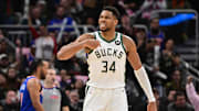 Oct 28, 2025; Milwaukee, Wisconsin, USA; Milwaukee Bucks forward Giannis Antetokounmpo (34) reacts after scoring a basket in the 3rd quarter against the New York Knicks at Fiserv Forum. Mandatory Credit: Benny Sieu-Imagn Images