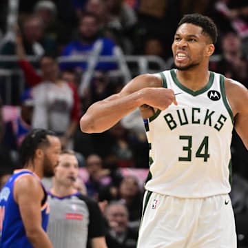 Oct 28, 2025; Milwaukee, Wisconsin, USA; Milwaukee Bucks forward Giannis Antetokounmpo (34) reacts after scoring a basket in the 3rd quarter against the New York Knicks at Fiserv Forum. Mandatory Credit: Benny Sieu-Imagn Images