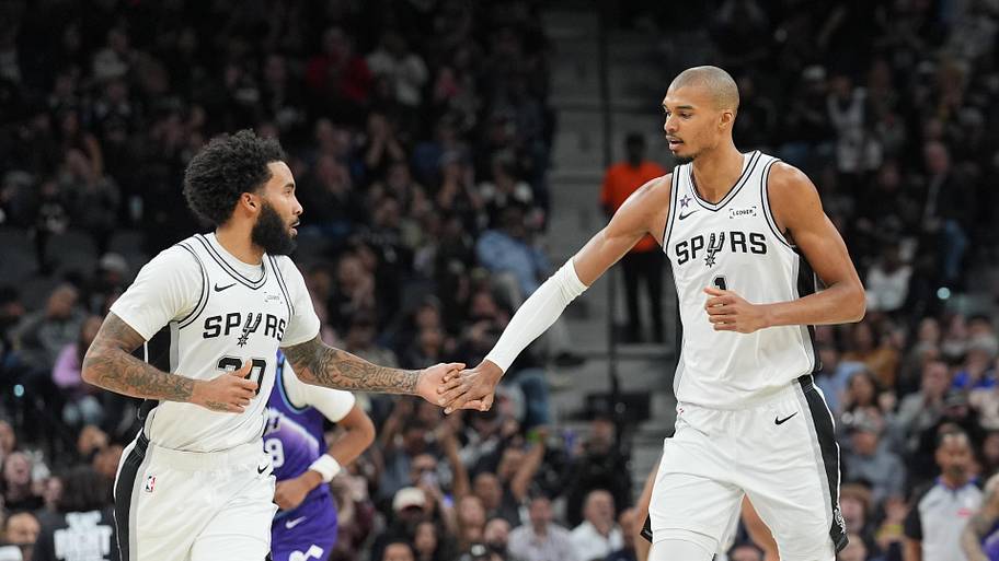 San Antonio Spurs forward Julian Champagnie and San Antonio Spurs forward Victor Wembanyama against the Utah Jazz.