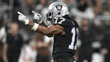 Nov 12, 2023; Paradise, Nevada, USA; Las Vegas Raiders wide receiver Davante Adams (17) signals a first down against the New York Jets during the second quarter at Allegiant Stadium.