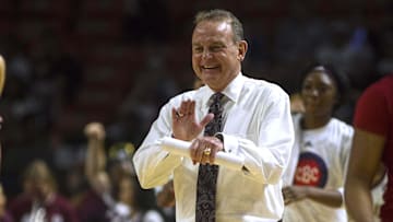 Mar 10, 2019; Greenville, SC, USA; Mississippi State head coach Vic Schaefer reacts during the second half against the Arkansas Razorbacks in the championship game of the women's SEC Conference Tournament at Bon Secours Wellness Arena. The Bulldogs won 101-70. Mandatory Credit: Joshua S. Kelly-Imagn Images