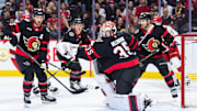 Apr 17, 2025; Ottawa, Ontario, CAN; Ottawa Senators goalie Linus Ullmark (35) makes a save in the second period against the Carolina Hurricanes at the Canadian Tire Centre. Mandatory Credit: Marc DesRosiers-Imagn Images