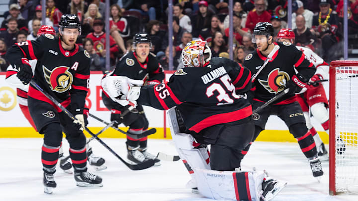 Apr 17, 2025; Ottawa, Ontario, CAN; Ottawa Senators goalie Linus Ullmark (35) makes a save in the second period against the Carolina Hurricanes at the Canadian Tire Centre. Mandatory Credit: Marc DesRosiers-Imagn Images