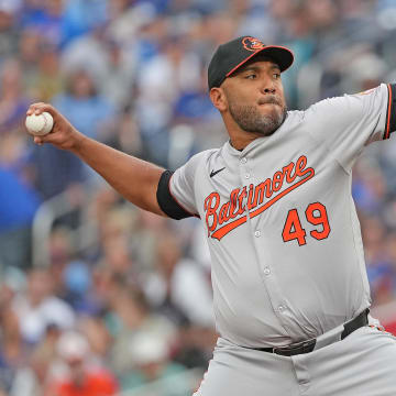 Aug 6, 2024; Toronto, Ontario, CAN; Baltimore Orioles starting pitcher Albert Suarez throws a pitch.