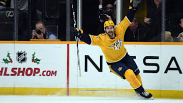 Nov 28, 2023; Nashville, Tennessee, USA; Nashville Predators left wing Filip Forsberg (9) celebrates