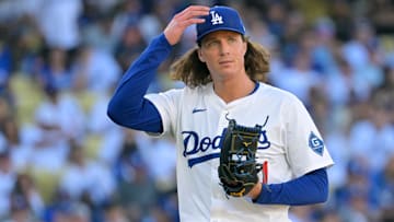 Los Angeles Dodgers pitcher Tyler Glasnow (31) reacts in the third inning against the Milwaukee Brewers during game three of the NLCS round for the 2025 MLB playoffs at Dodger Stadium.