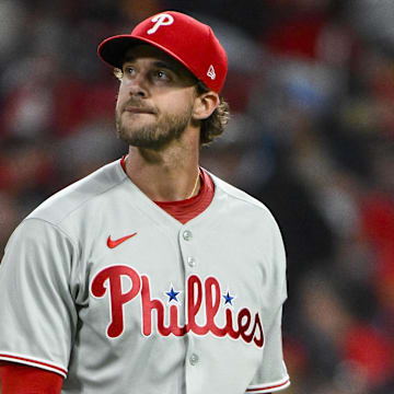 Apr 11, 2025; St. Louis, Missouri, USA;  Philadelphia Phillies starting pitcher Aaron Nola (27) walks off the field after the fifth inning against the St. Louis Cardinals at Busch Stadium