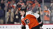 Oct 18, 2025; Philadelphia, Pennsylvania, USA; Philadelphia Flyers right wing Owen Tippett (74) skates back to the bench after scoring a goal against the Minnesota Wild during the third period at Wells Fargo Center. Mandatory Credit: Eric Hartline-Imagn Images