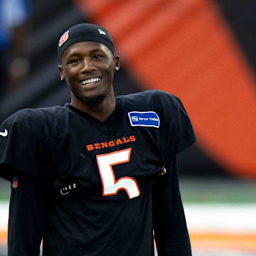Cincinnati Bengals wide receiver Tee Higgins (5) smiles during Bengals Camp practice at Paycor Stadium in Cincinnati on Aug. 2, 2025.