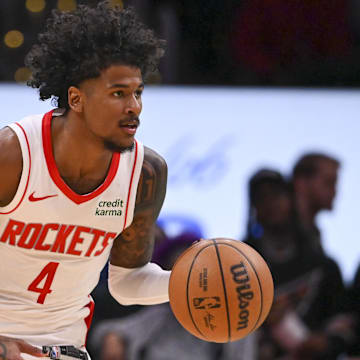 Mar 19, 2024; Washington, District of Columbia, USA;  Houston Rockets guard Jalen Green (4) dribbles up the court during the second half against the Washington Wizards at Capital One Arena. Mandatory Credit: Tommy Gilligan-Imagn Images