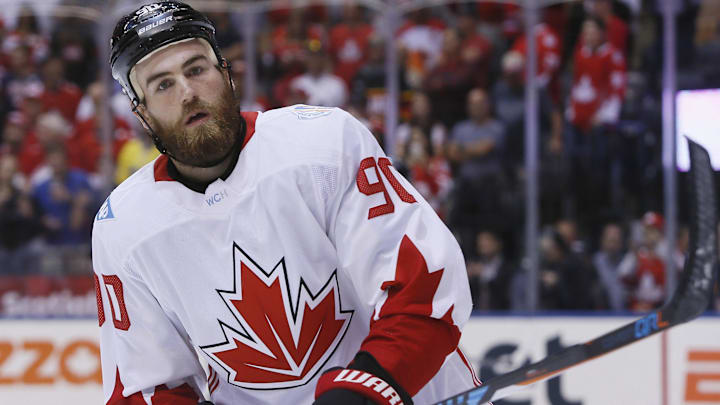 Sep 20, 2016; Toronto, Ontario, Canada; Team Canada forward Ryan O'Reilly (90) during the pre game warmup against Team USA in the preliminary round play in the 2016 World Cup of Hockey at Air Canada Centre. Mandatory Credit: John E. Sokolowski-Imagn Images