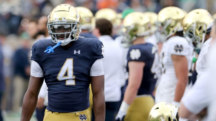 Notre Dame running back Jeremiyah Love (4) Saturday, April 20, 2024, at the annual Notre Dame Blue-Gold spring football game at Notre Dame Stadium in South Bend.