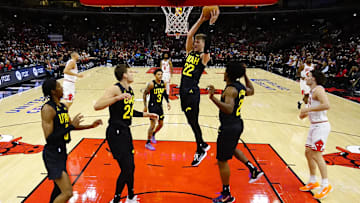 Nov 4, 2024; Chicago, Illinois, USA; Utah Jazz forward Kyle Filipowski (22) grabs a rebound against the Chicago Bulls during the first half at United Center. Mandatory Credit: David Banks-Imagn Images