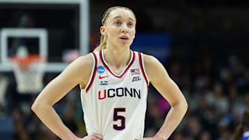 Mar 24, 2025; Storrs, Connecticut, USA; UConn Huskies guard Paige Bueckers (5) on the court against the South Dakota State Jackrabbits in the first half at Harry A. Gampel Pavilion. Mandatory Credit: David Butler II-Imagn Images