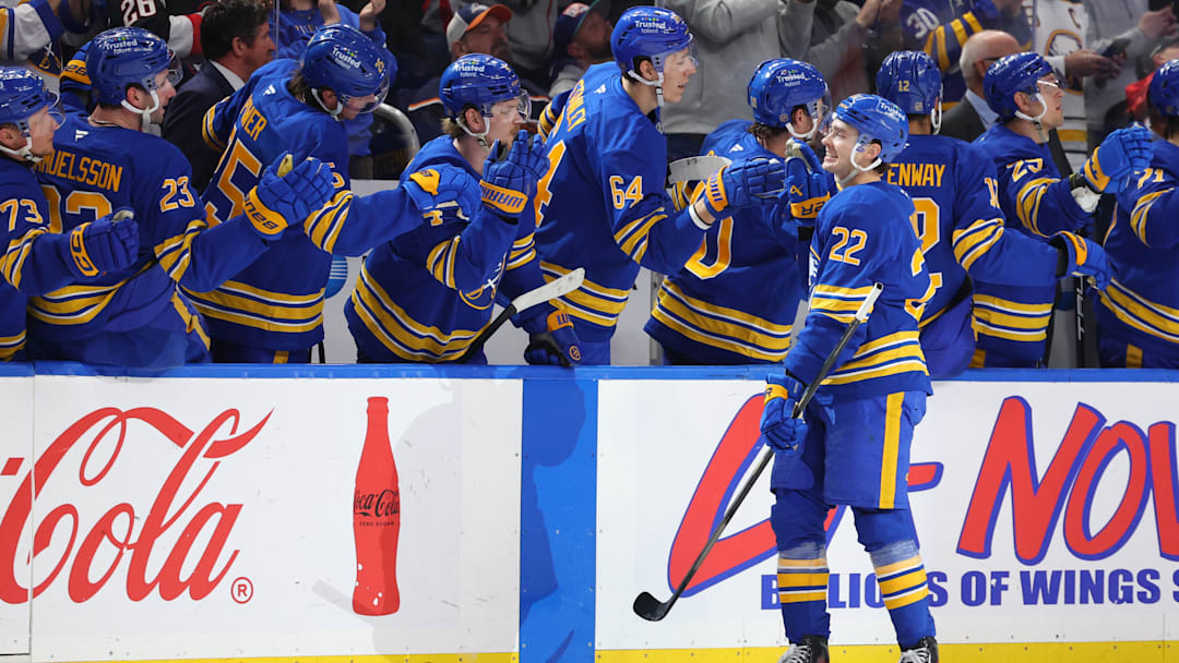 Mar 31, 2026; Buffalo, New York, USA; Buffalo Sabres right wing Jack Quinn (22) celebrates his goal with teammates during the first period against the New York Islanders at KeyBank Center. Mandatory Credit: Timothy T. Ludwig-Imagn Images