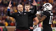 Nov 1, 2025; Minneapolis, Minnesota, USA; Minnesota Golden Gophers head coach P.J. Fleck reacts during overtime against the Michigan State Spartans at Huntington Bank Stadium. Mandatory Credit: Matt Krohn-Imagn Images
