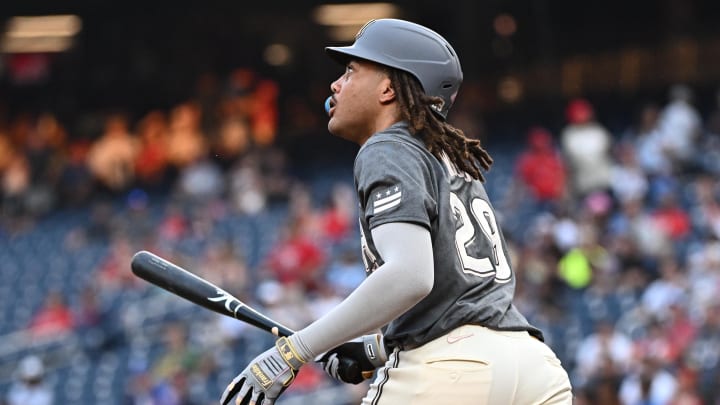 Aug 10, 2024; Washington, District of Columbia, USA;  Washington Nationals left fielder James Wood (29) watches a home run during the second inning against the Los Angeles Angels at Nationals Park.