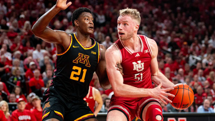 Feb 25, 2024; Lincoln, Nebraska, USA; Nebraska Cornhuskers forward Rienk Mast (51) drives against